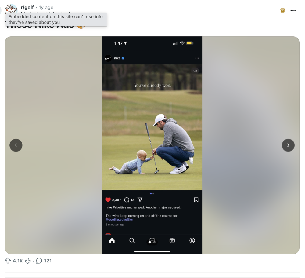Reddit r/golf post sharing the Nike ads, 4.1K upvotes