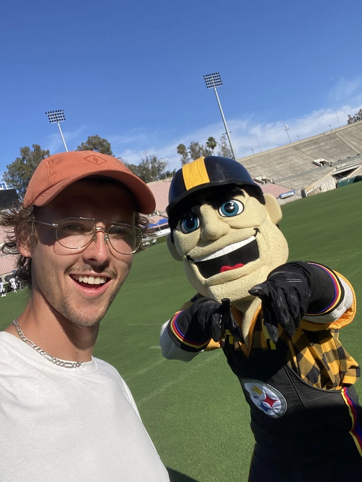 Drew with the real Steely McBeam mascot on the field